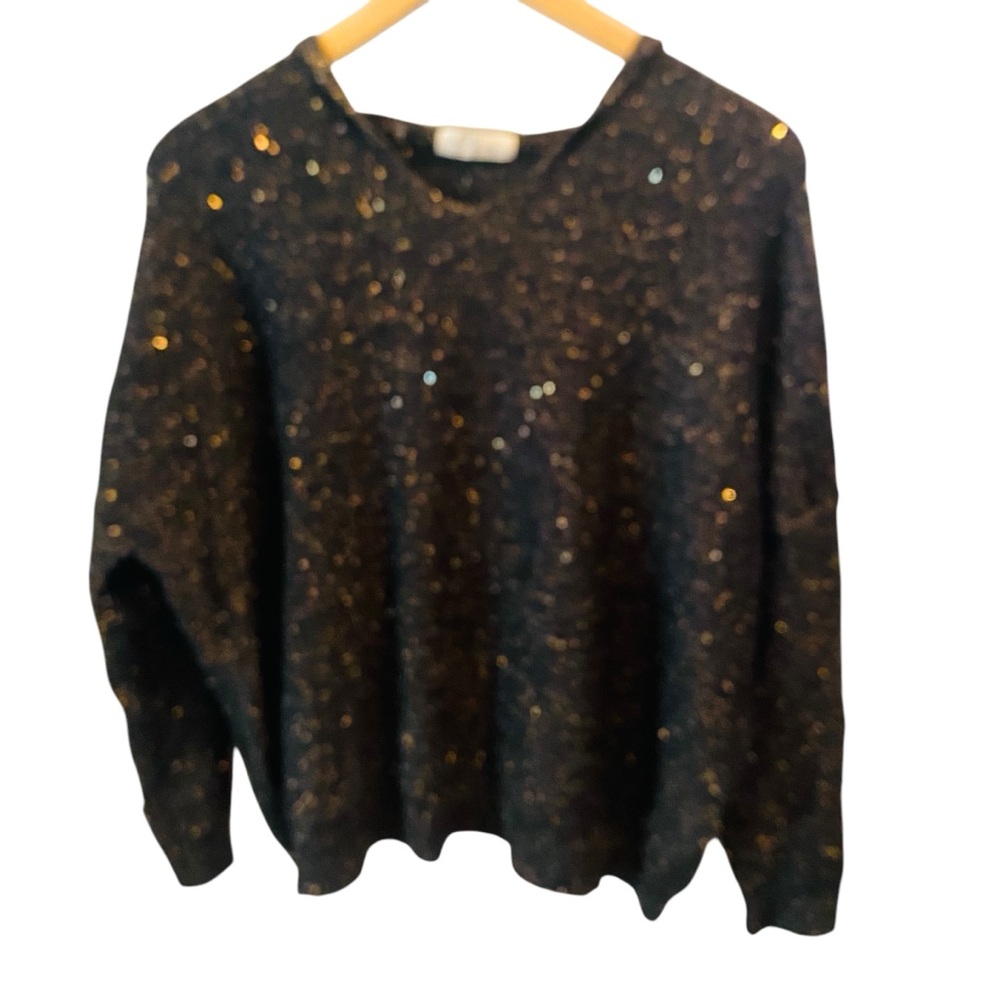 ELAN Gray Soft Knit Hooded Sweater Gold Metallic Thread